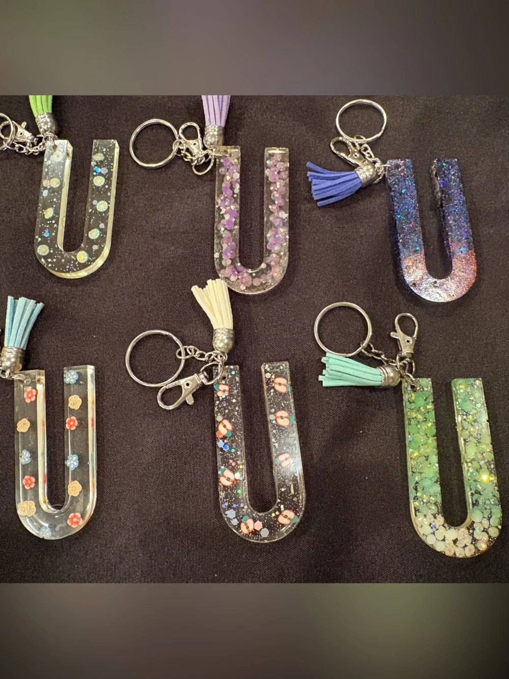 Glitter Resin 'U' Keychain with Tassel - Assorted Colors